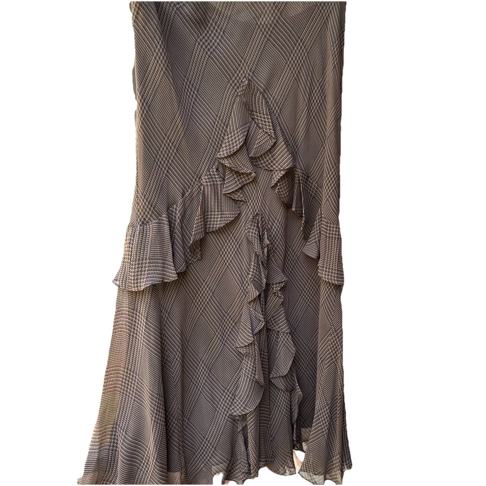 LAUREN RALPH LAUREN Brown Silk Ruffle Skirt Plaid Midi Size Small NWOT Y2K - Picture 2 of 7
